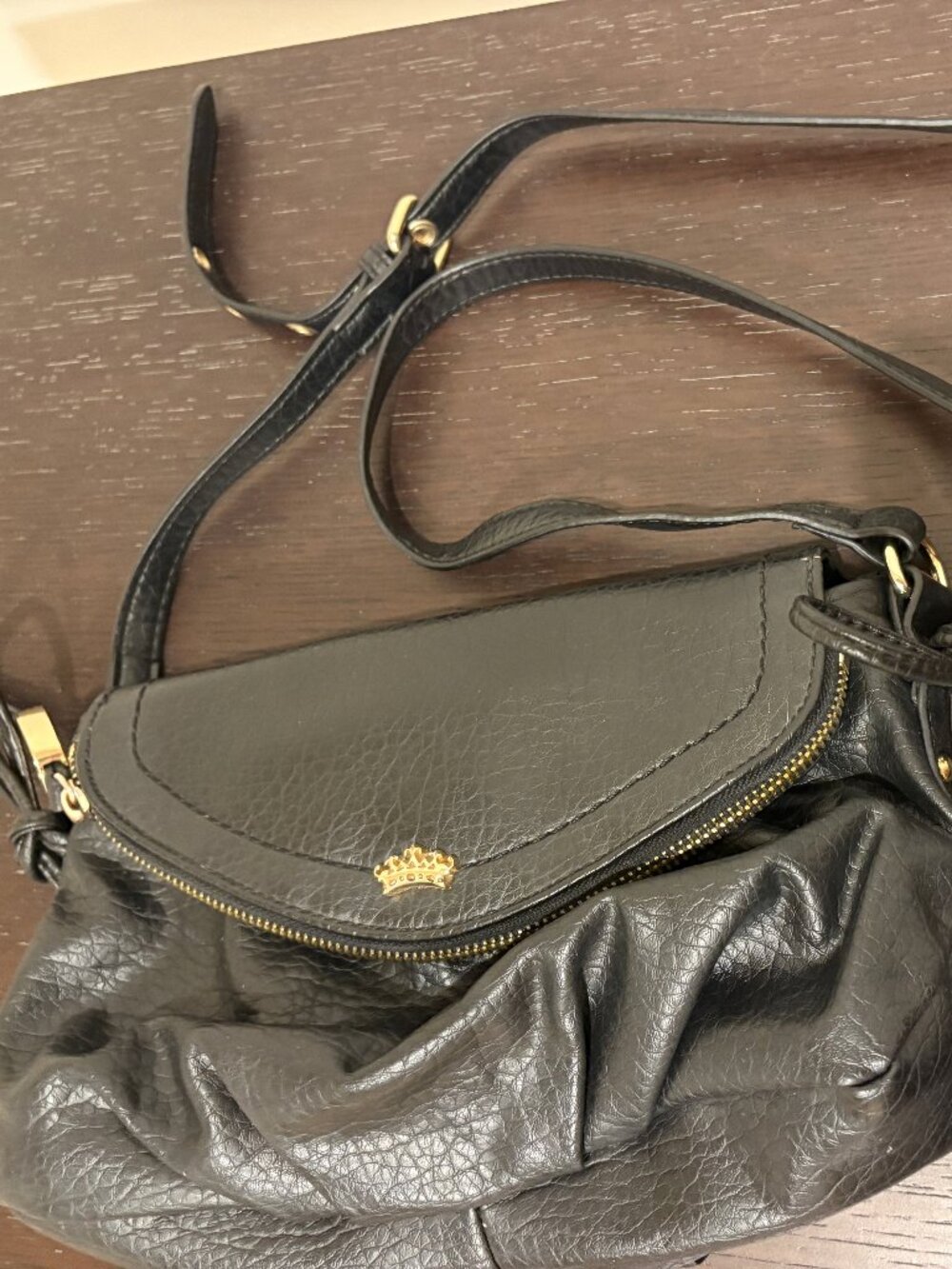 👑 Juicy Couture Black Pebbled Faux Leather Foldover Crown Crossbody Bag